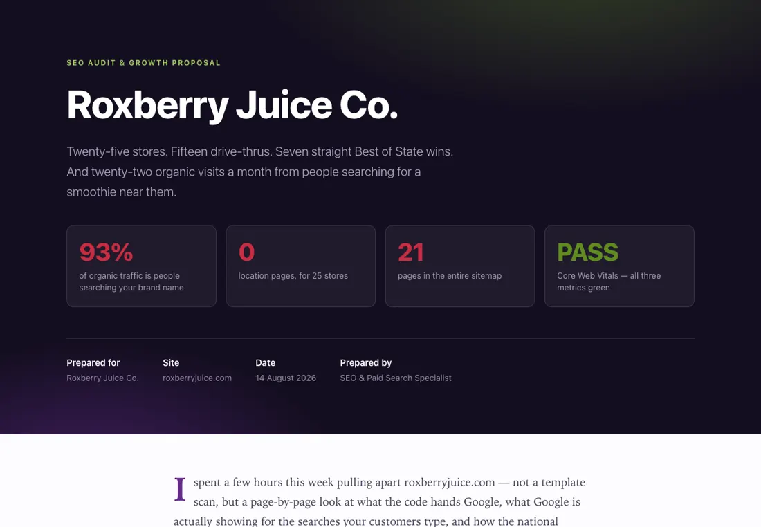 Cover of the Roxberry Juice Co. SEO audit and growth proposal