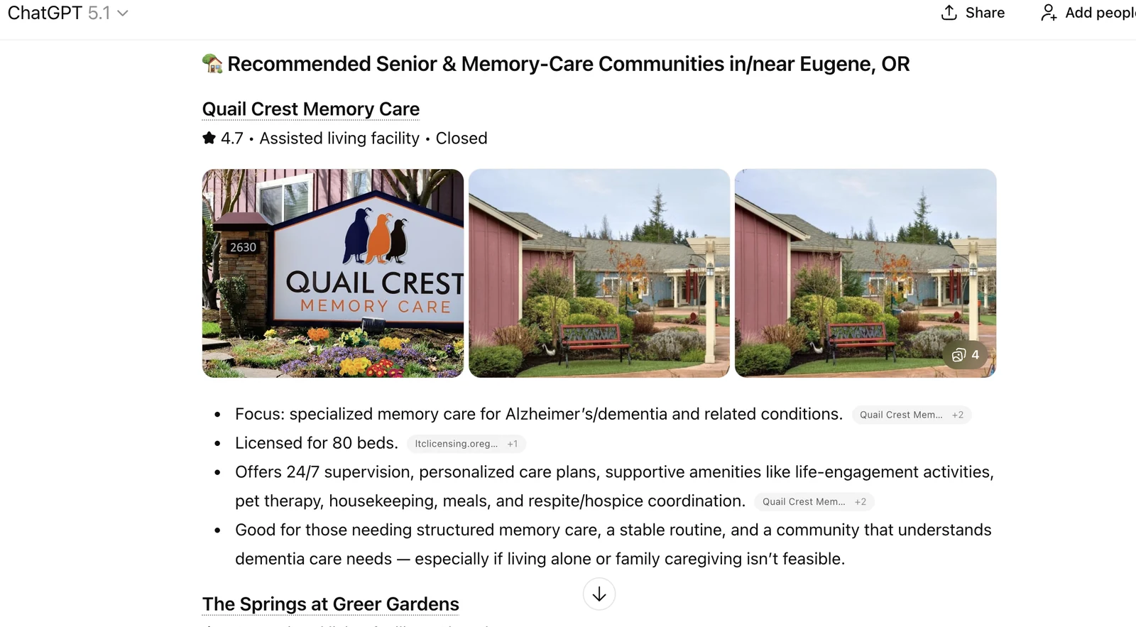 ChatGPT 5.1 answer headed Recommended Senior and Memory-Care Communities in or near Eugene, OR. Quail Crest Memory Care is listed first, rated 4.7, with three photos and details on memory care, 80 licensed beds and 24/7 supervision. The Springs at Greer Gardens is listed next.
